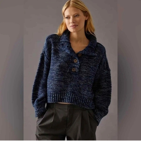 Anthropologie Pilcro Mega Henley Sweater Button Up Blue Heathered Knit, SZ 3XL - Picture 1 of 14